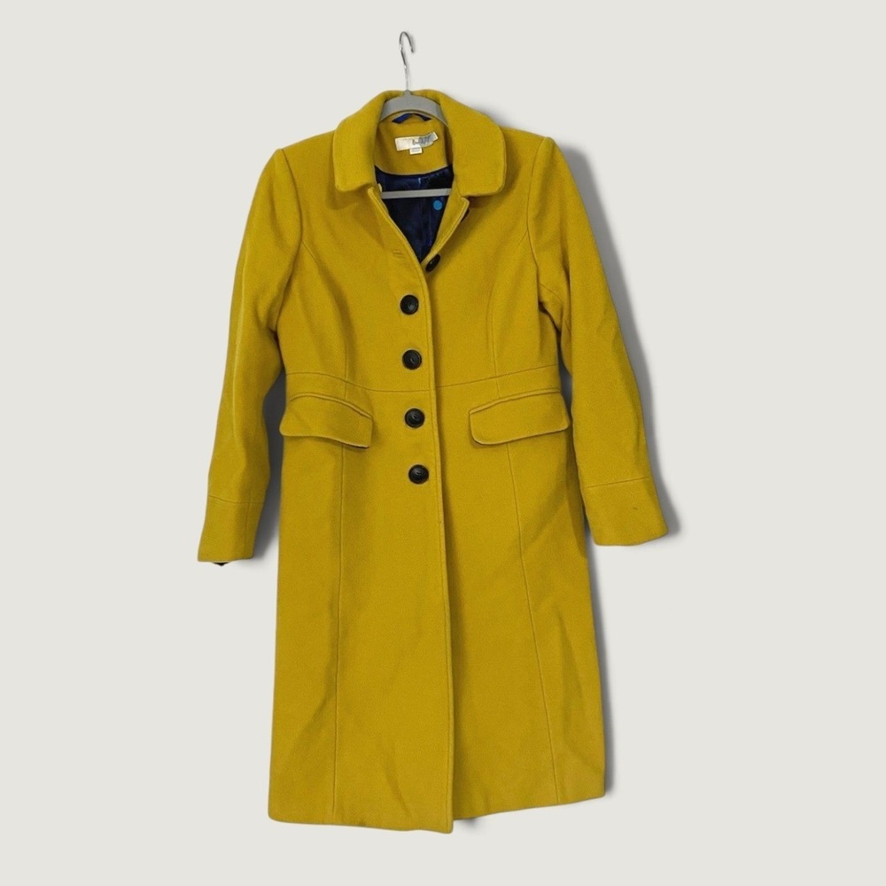 Boden Women's Yellow Chartreuse Mid-Length Overcoat Button Front Pockets US 6L